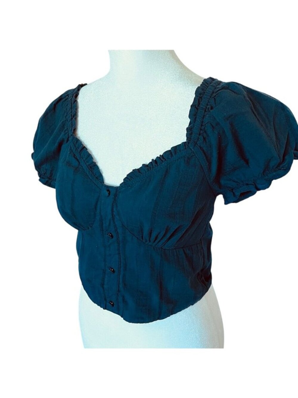 Coquette Navy Womens Sz S Crop Top Milkmaid Puff Sleeve Country Renn Faire - Picture 4 of 9